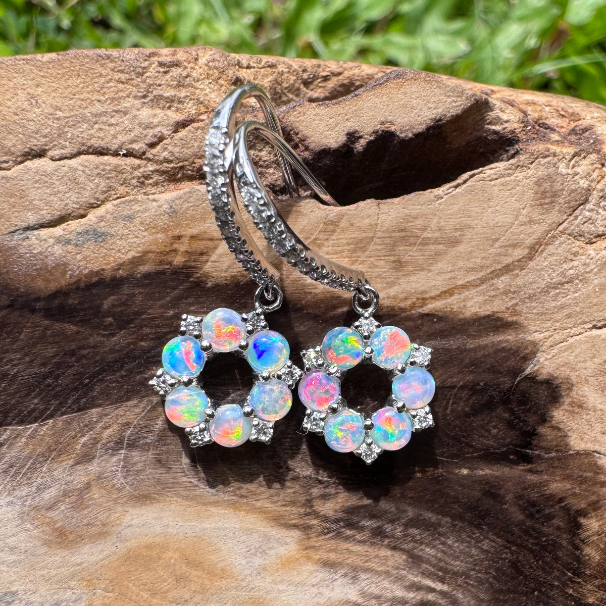 1.2ct Lightning Ridge Opal & 0.23ct Diamond Flower Hook Earrings ~ 'Kings Park Blossom' | 14ct White Gold | Solid Australian Opal