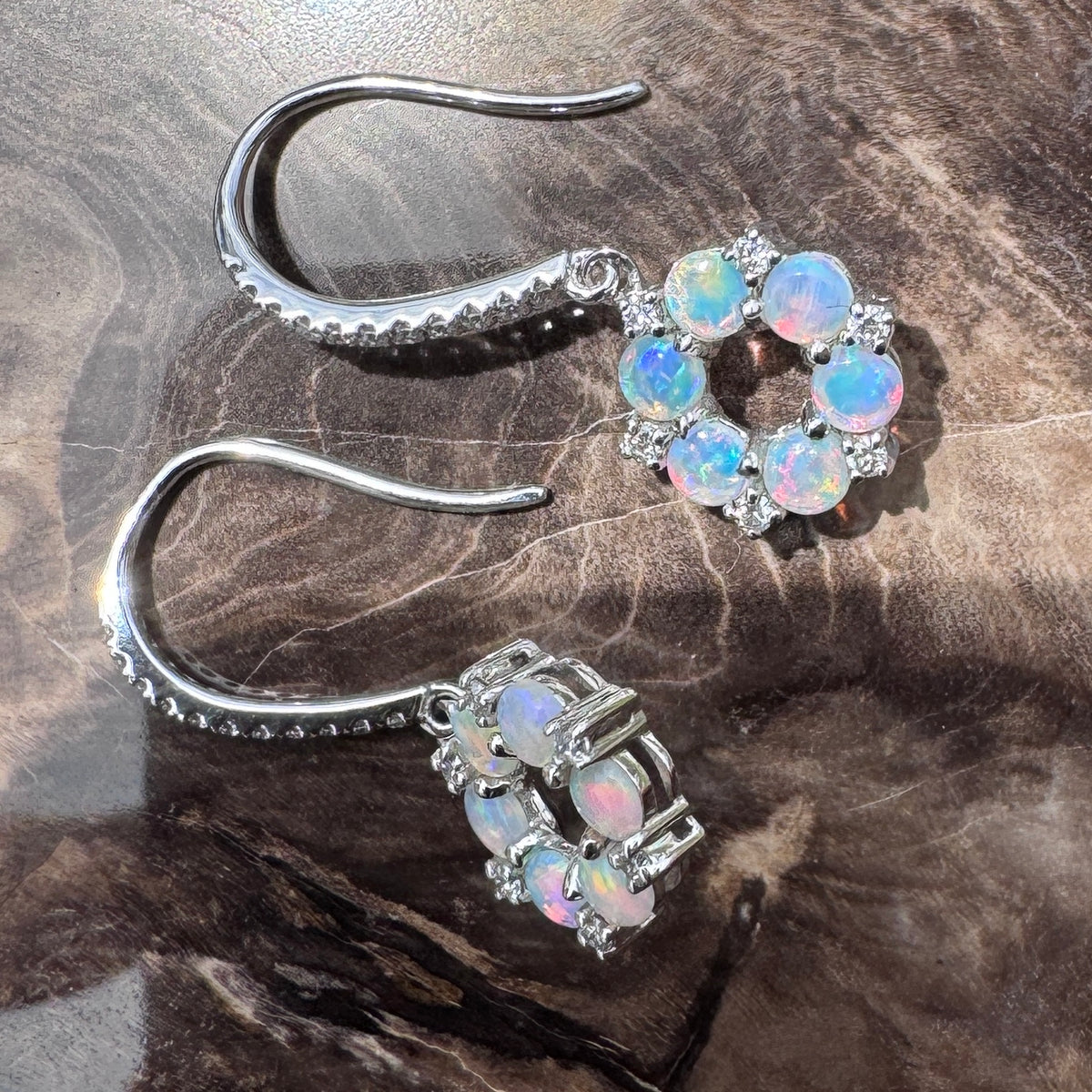 1.2ct Lightning Ridge Opal & 0.23ct Diamond Flower Hook Earrings ~ 'Kings Park Blossom' | 14ct White Gold | Solid Australian Opal