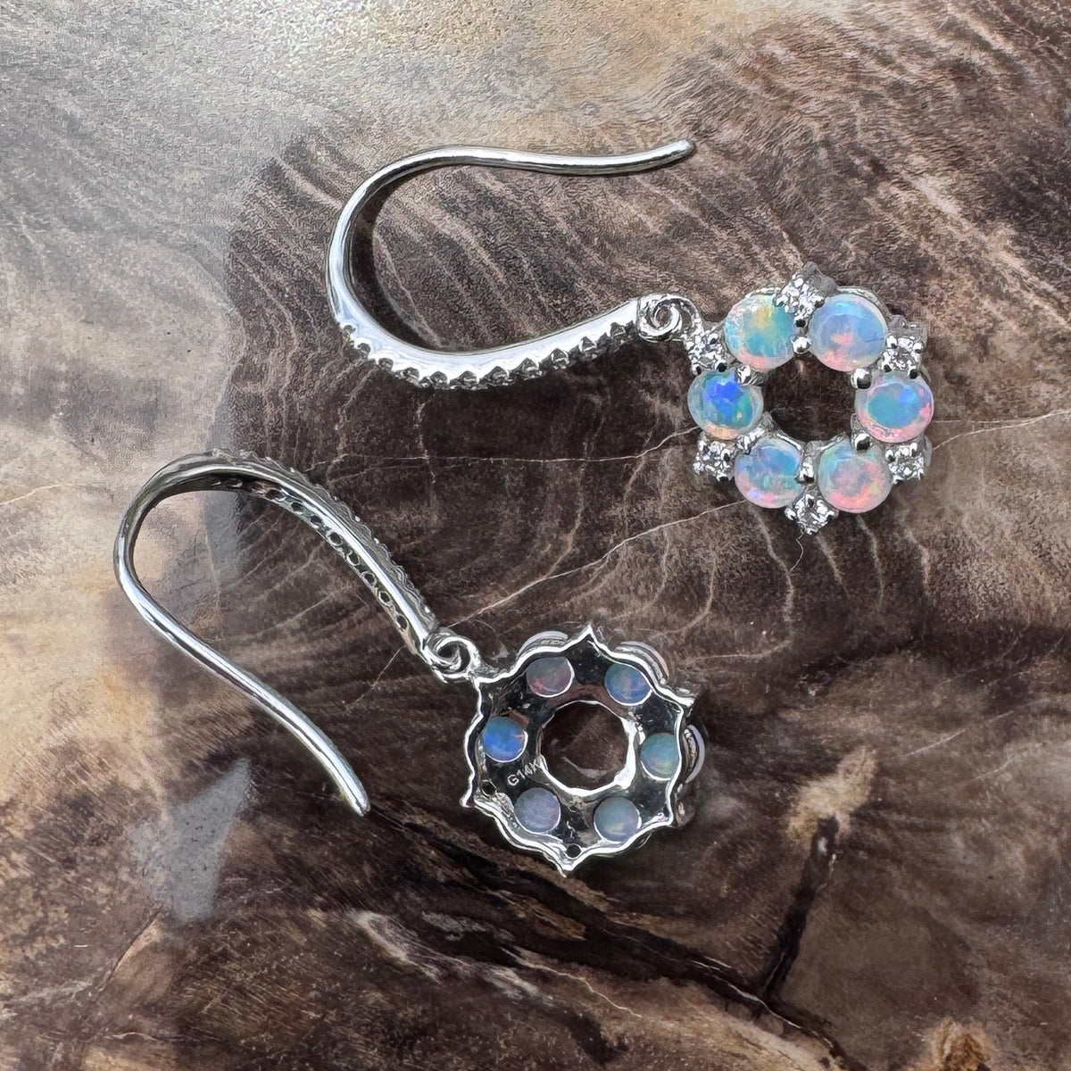1.2ct Lightning Ridge Opal & 0.23ct Diamond Flower Hook Earrings ~ 'Kings Park Blossom' | 14ct White Gold | Solid Australian Opal