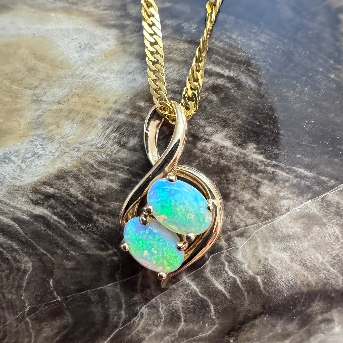0.9ct Lightning Ridge Opal Pendant Necklace ~ 'Mission Beach Duo' | 14ct Yellow Gold | Solid Australian Opal