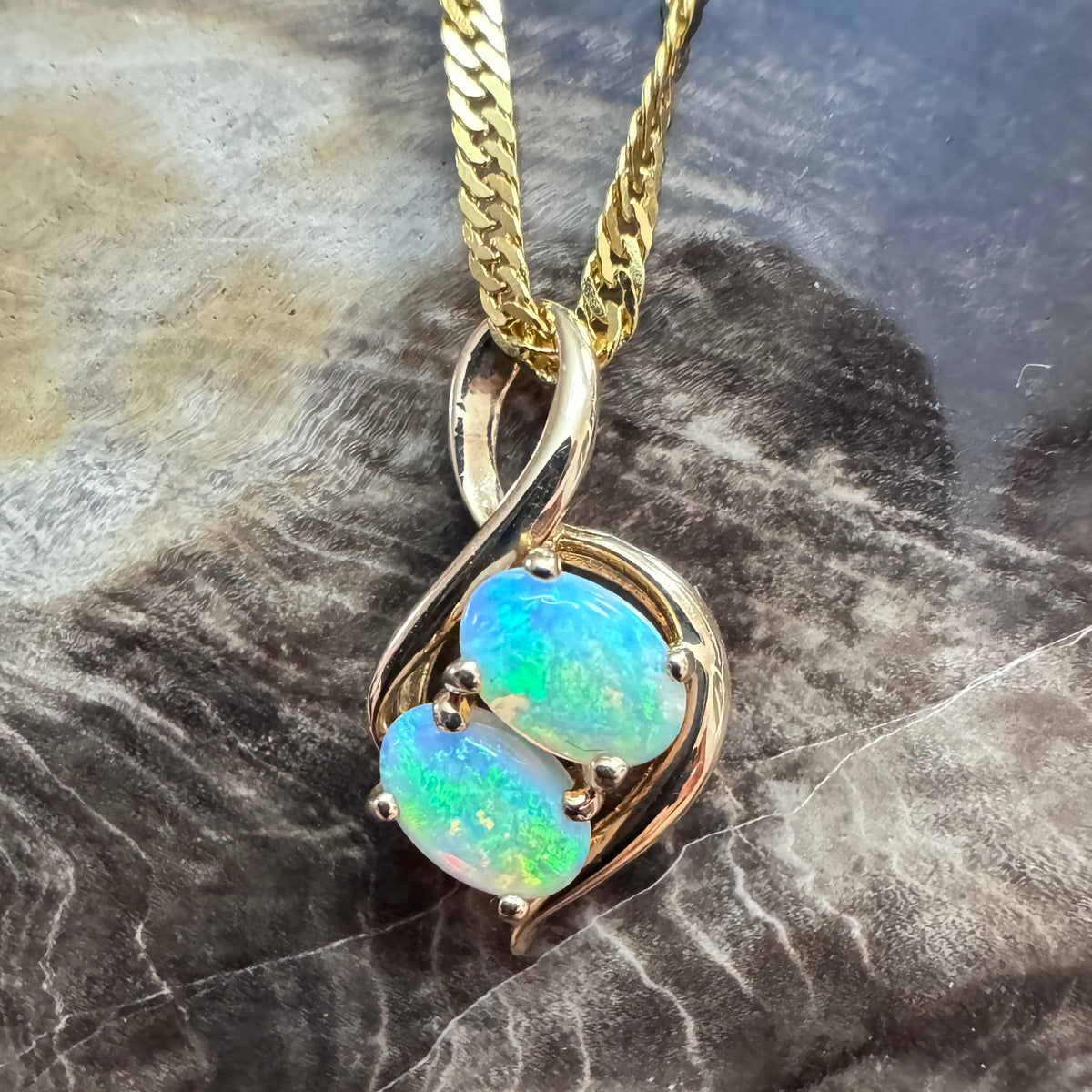 0.9ct Lightning Ridge Opal Pendant Necklace ~ 'Mission Beach Duo' | 14ct Yellow Gold | Solid Australian Opal