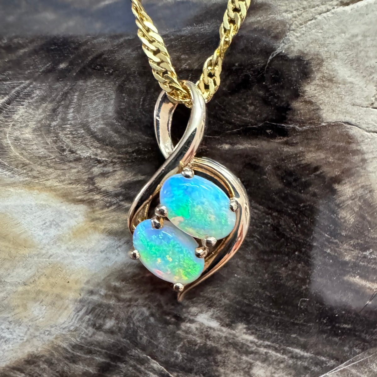 0.9ct Lightning Ridge Opal Pendant Necklace ~ 'Mission Beach Duo' | 14ct Yellow Gold | Solid Australian Opal
