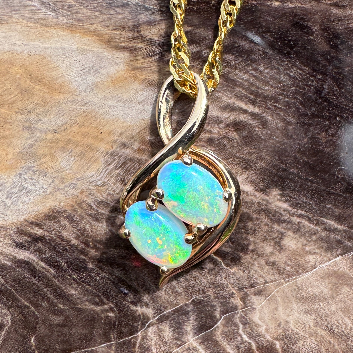 0.9ct Lightning Ridge Opal Pendant Necklace ~ 'Mission Beach Duo' | 14ct Yellow Gold | Solid Australian Opal