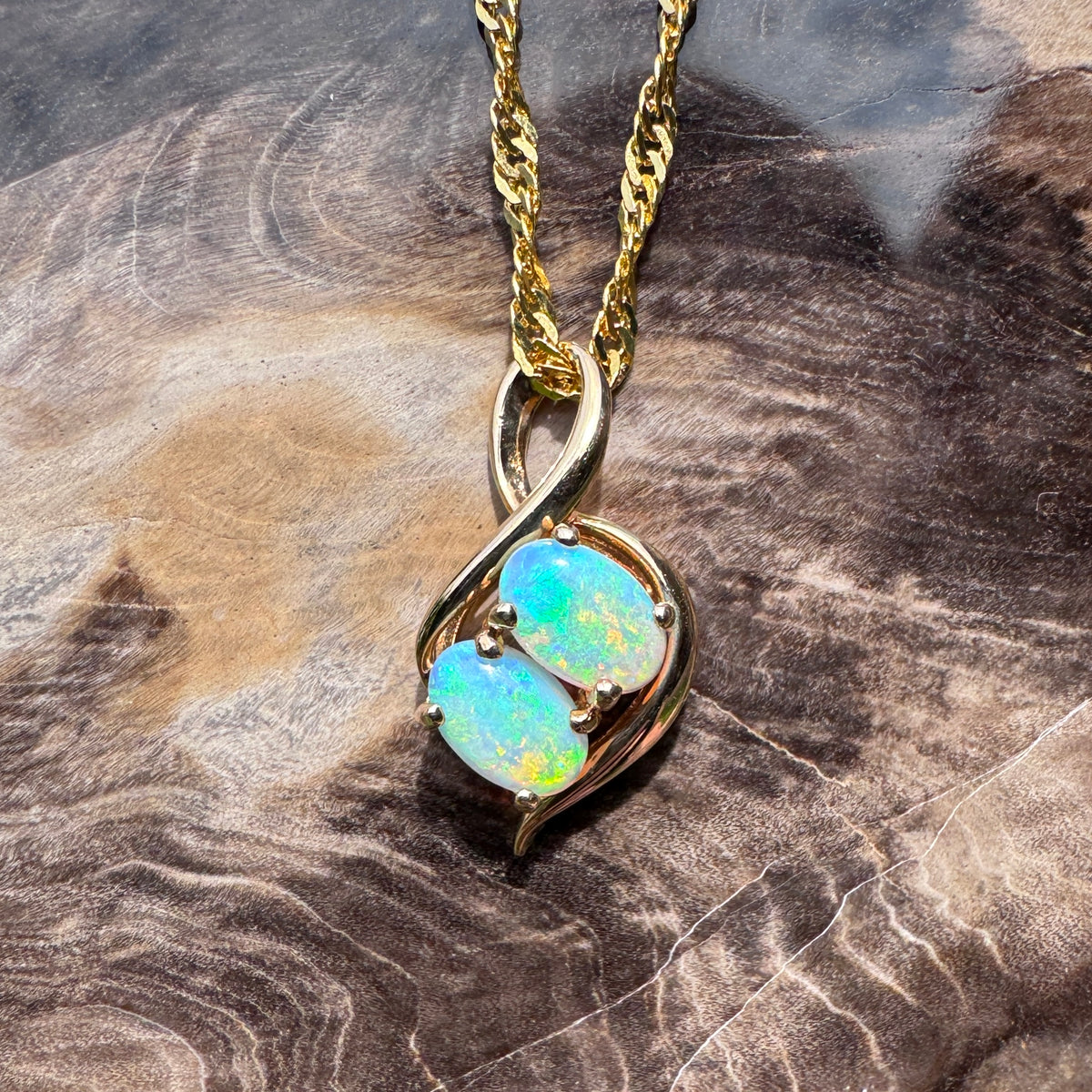 0.9ct Lightning Ridge Opal Pendant Necklace ~ 'Mission Beach Duo' | 14ct Yellow Gold | Solid Australian Opal