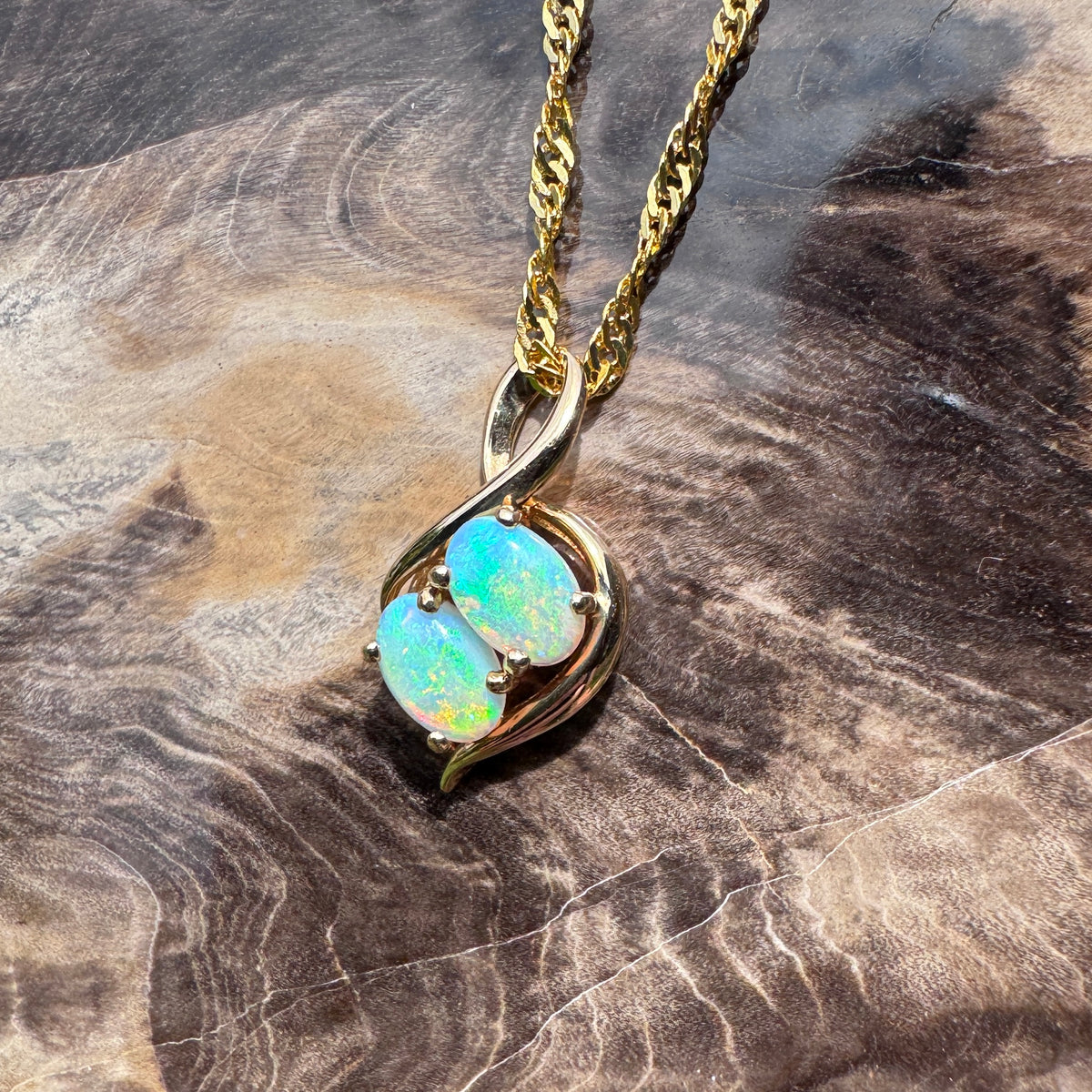 0.9ct Lightning Ridge Opal Pendant Necklace ~ 'Mission Beach Duo' | 14ct Yellow Gold | Solid Australian Opal