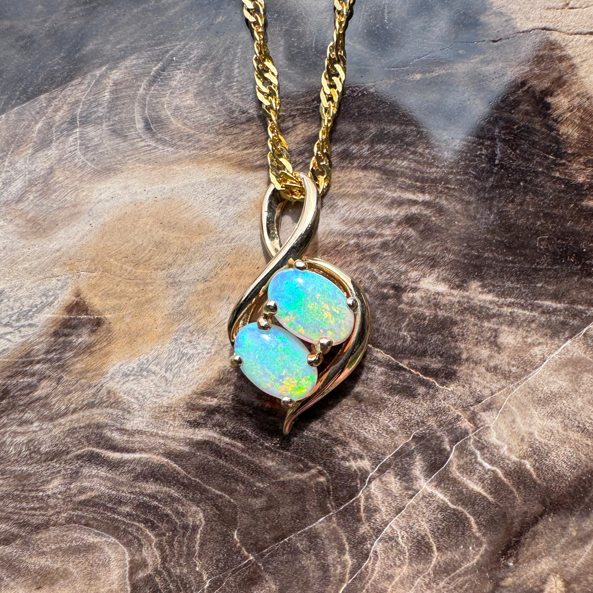 0.9ct Lightning Ridge Opal Pendant Necklace ~ 'Mission Beach Duo' | 14ct Yellow Gold | Solid Australian Opal