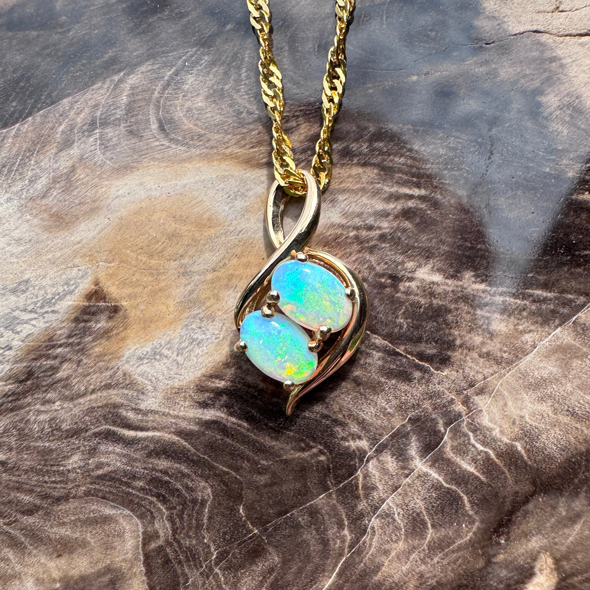 0.9ct Lightning Ridge Opal Pendant Necklace ~ 'Mission Beach Duo' | 14ct Yellow Gold | Solid Australian Opal