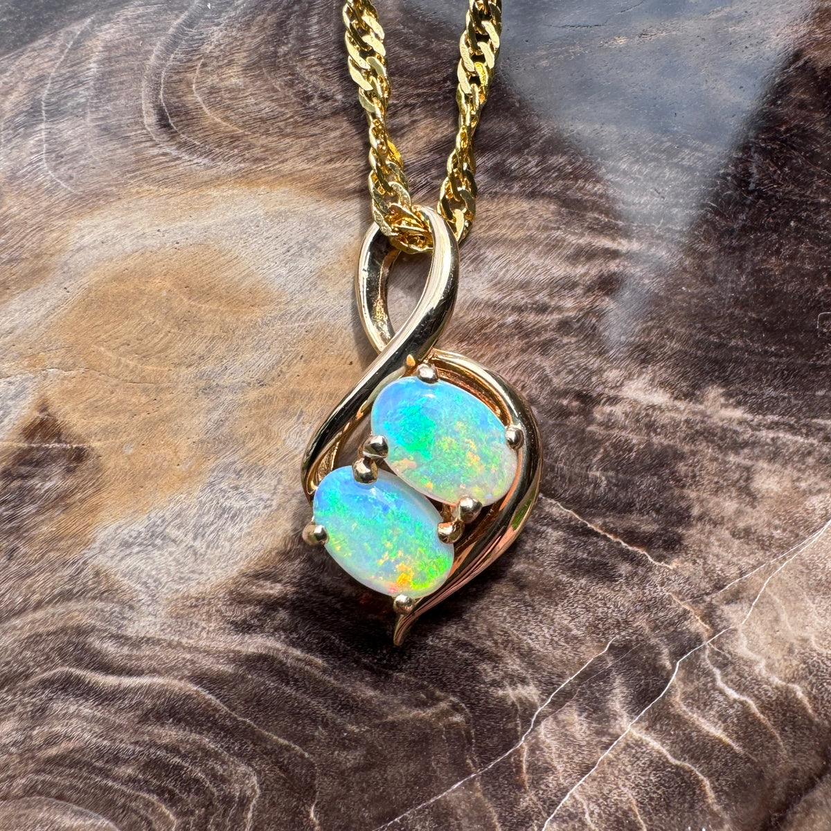 0.9ct Lightning Ridge Opal Pendant Necklace ~ 'Mission Beach Duo' | 14ct Yellow Gold | Solid Australian Opal