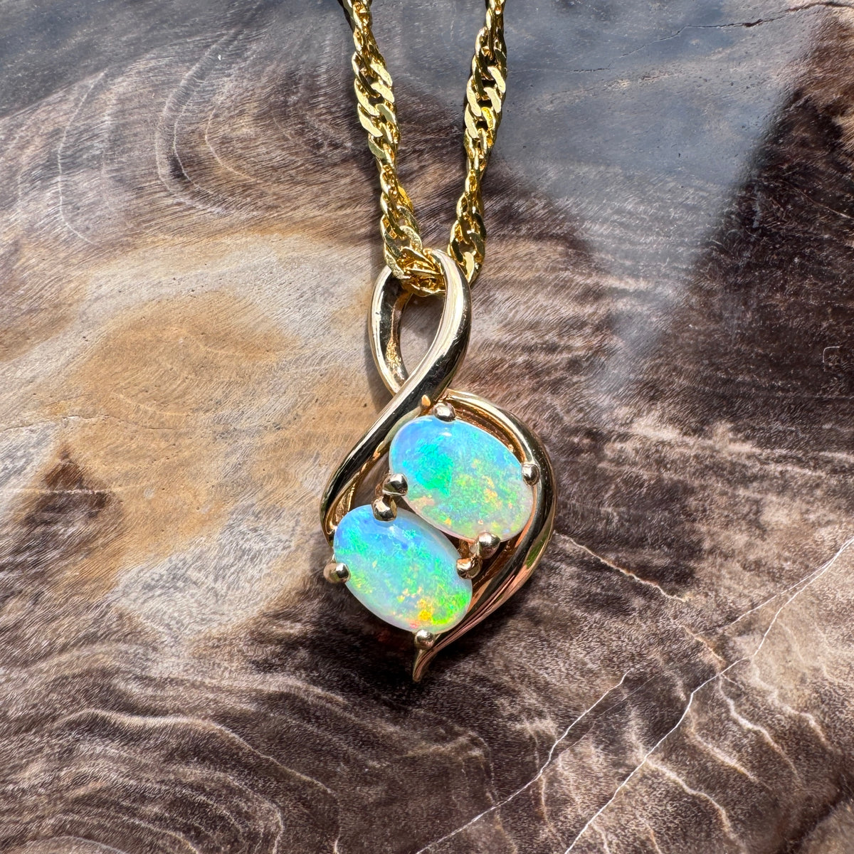 0.9ct Lightning Ridge Opal Pendant Necklace ~ 'Mission Beach Duo' | 14ct Yellow Gold | Solid Australian Opal