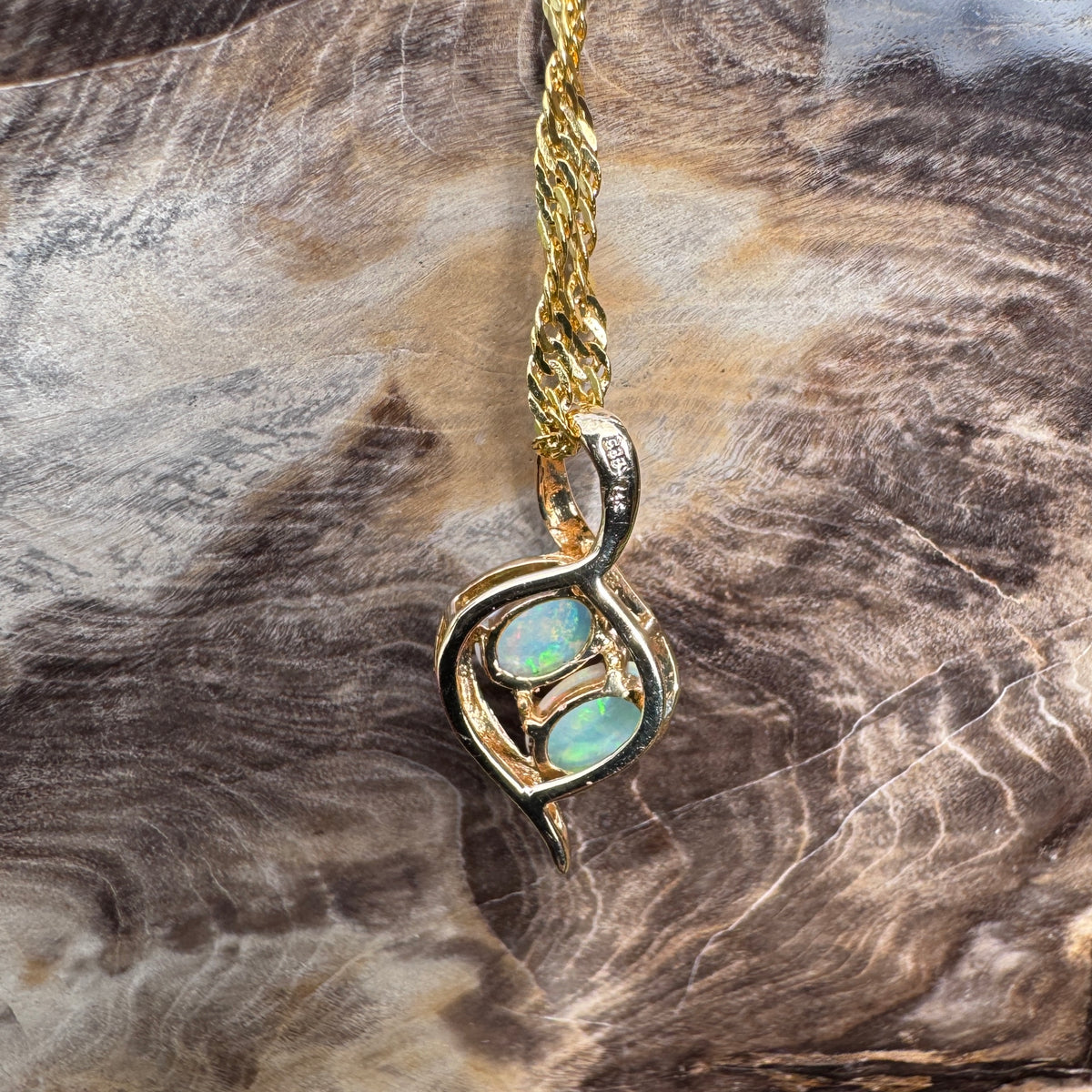0.9ct Lightning Ridge Opal Pendant Necklace ~ 'Mission Beach Duo' | 14ct Yellow Gold | Solid Australian Opal