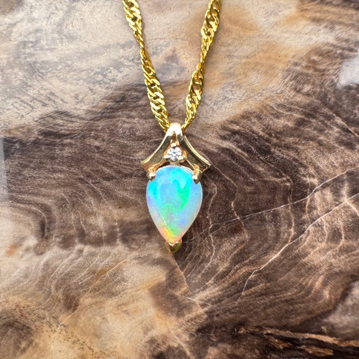1ct Coober Pedy Crystal Opal & Diamond Pendant Necklace ~ 'Lake Argyle Blues' | 14ct Yellow Gold | Solid Australian Opal