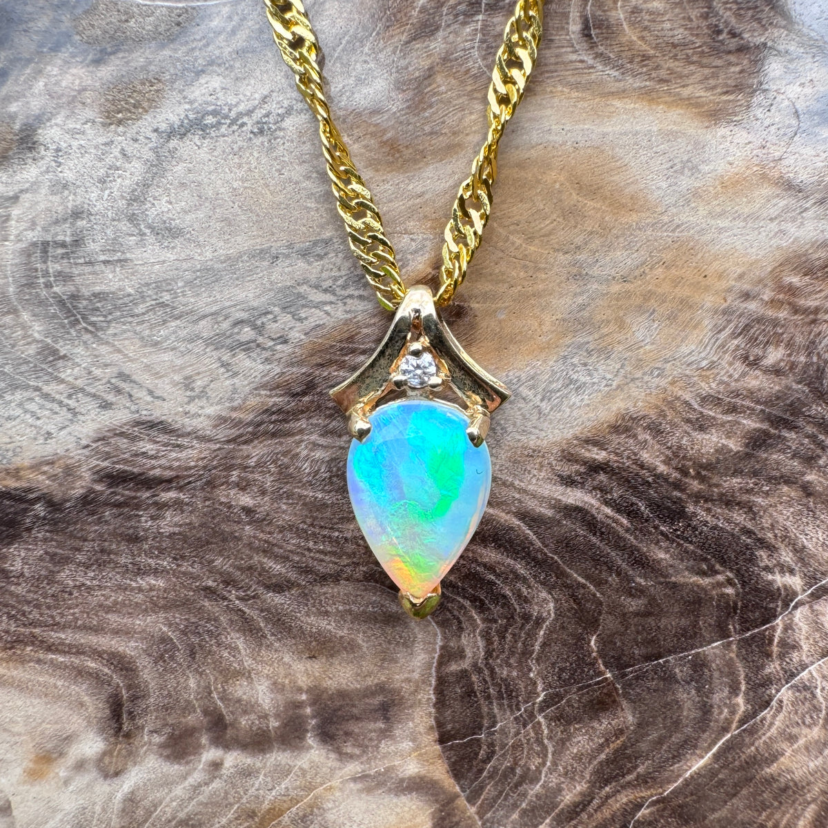 1ct Coober Pedy Crystal Opal & Diamond Pendant Necklace ~ 'Lake Argyle Blues' | 14ct Yellow Gold | Solid Australian Opal