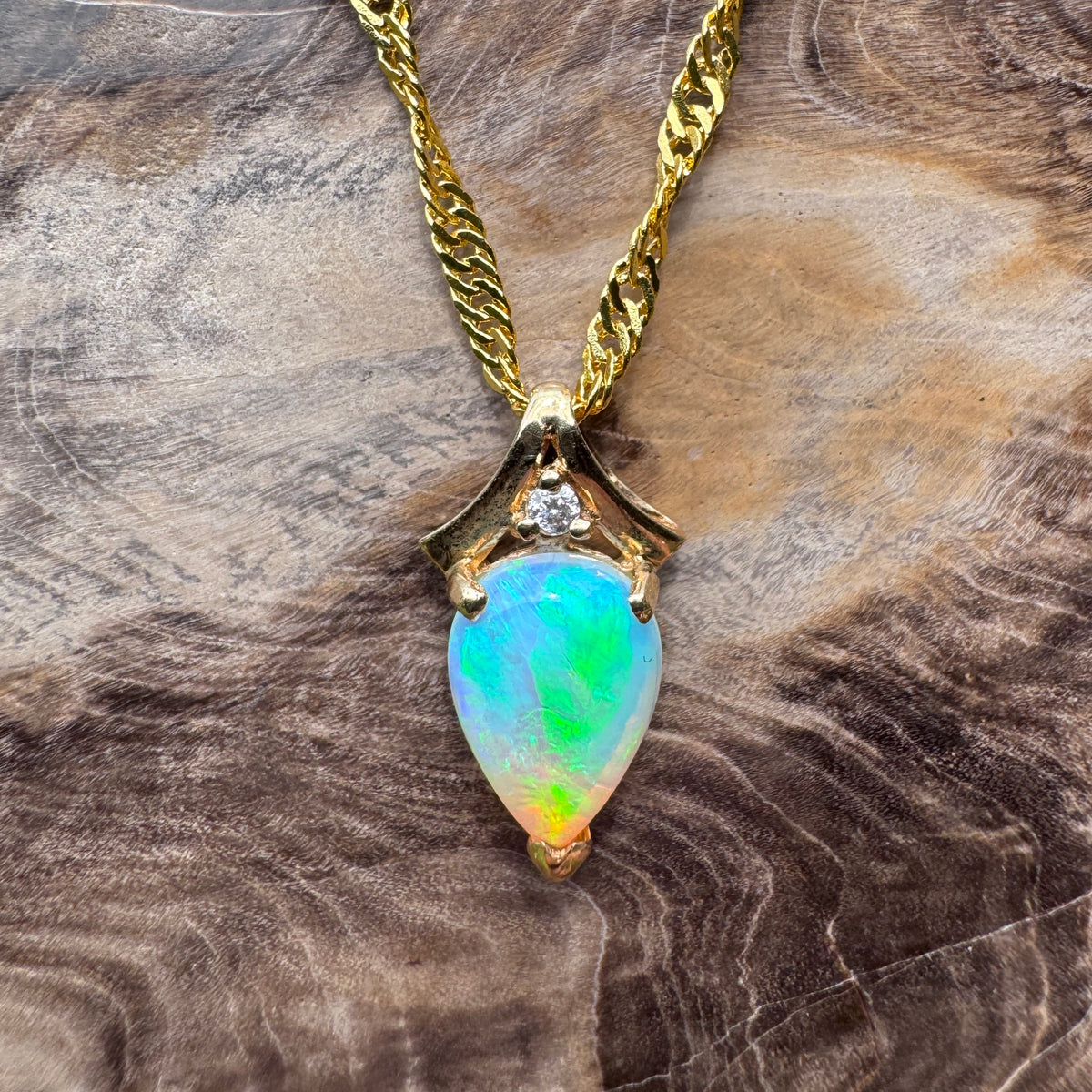 1ct Coober Pedy Crystal Opal & Diamond Pendant Necklace ~ 'Lake Argyle Blues' | 14ct Yellow Gold | Solid Australian Opal