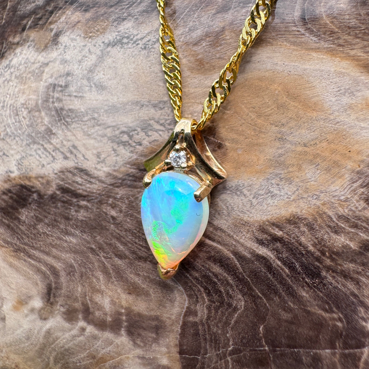 1ct Coober Pedy Crystal Opal & Diamond Pendant Necklace ~ 'Lake Argyle Blues' | 14ct Yellow Gold | Solid Australian Opal