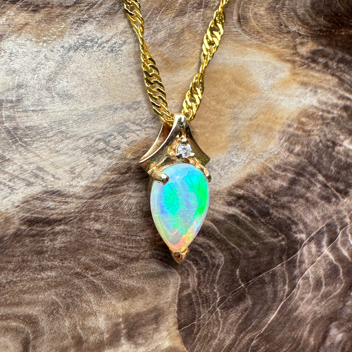 1ct Coober Pedy Crystal Opal & Diamond Pendant Necklace ~ 'Lake Argyle Blues' | 14ct Yellow Gold | Solid Australian Opal