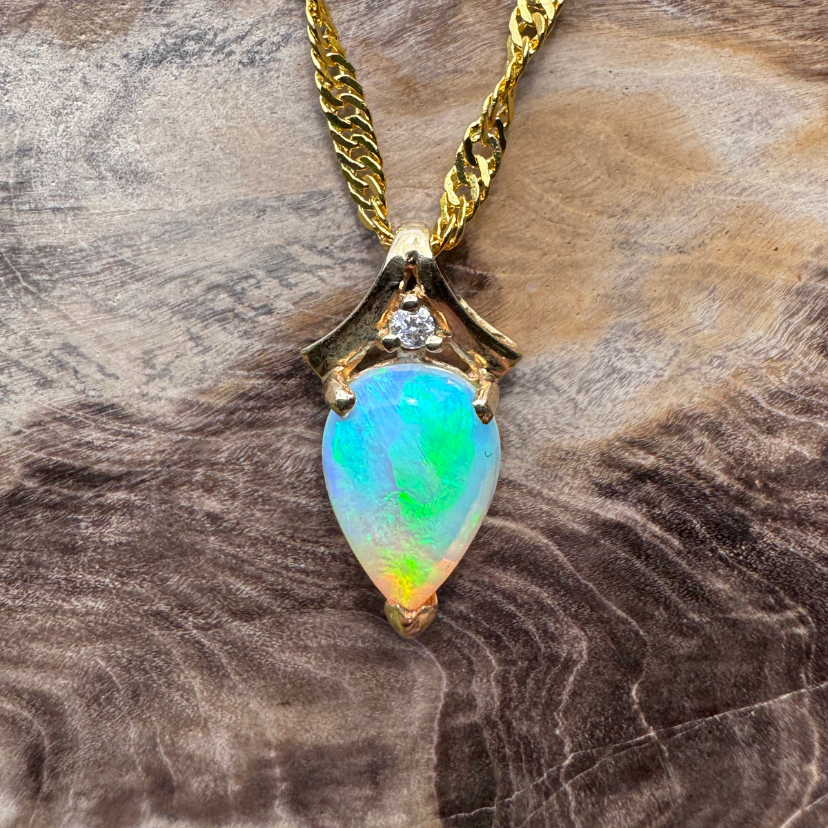 1ct Coober Pedy Crystal Opal & Diamond Pendant Necklace ~ 'Lake Argyle Blues' | 14ct Yellow Gold | Solid Australian Opal