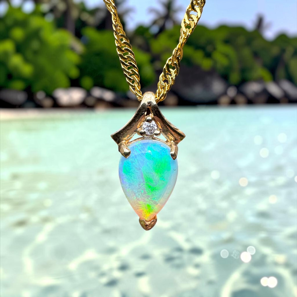 1ct Coober Pedy Crystal Opal & Diamond Pendant Necklace ~ 'Lake Argyle Blues' | 14ct Yellow Gold | Solid Australian Opal