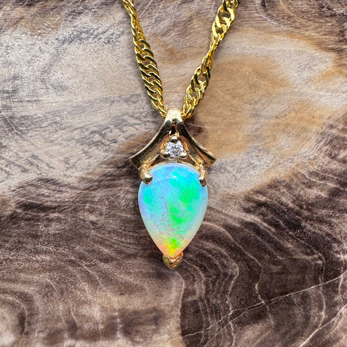 1ct Coober Pedy Crystal Opal & Diamond Pendant Necklace ~ 'Lake Argyle Blues' | 14ct Yellow Gold | Solid Australian Opal