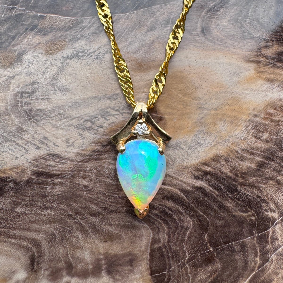 1ct Coober Pedy Crystal Opal & Diamond Pendant Necklace ~ 'Lake Argyle Blues' | 14ct Yellow Gold | Solid Australian Opal