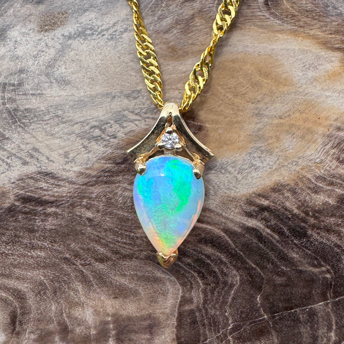 1ct Coober Pedy Crystal Opal & Diamond Pendant Necklace ~ 'Lake Argyle Blues' | 14ct Yellow Gold | Solid Australian Opal