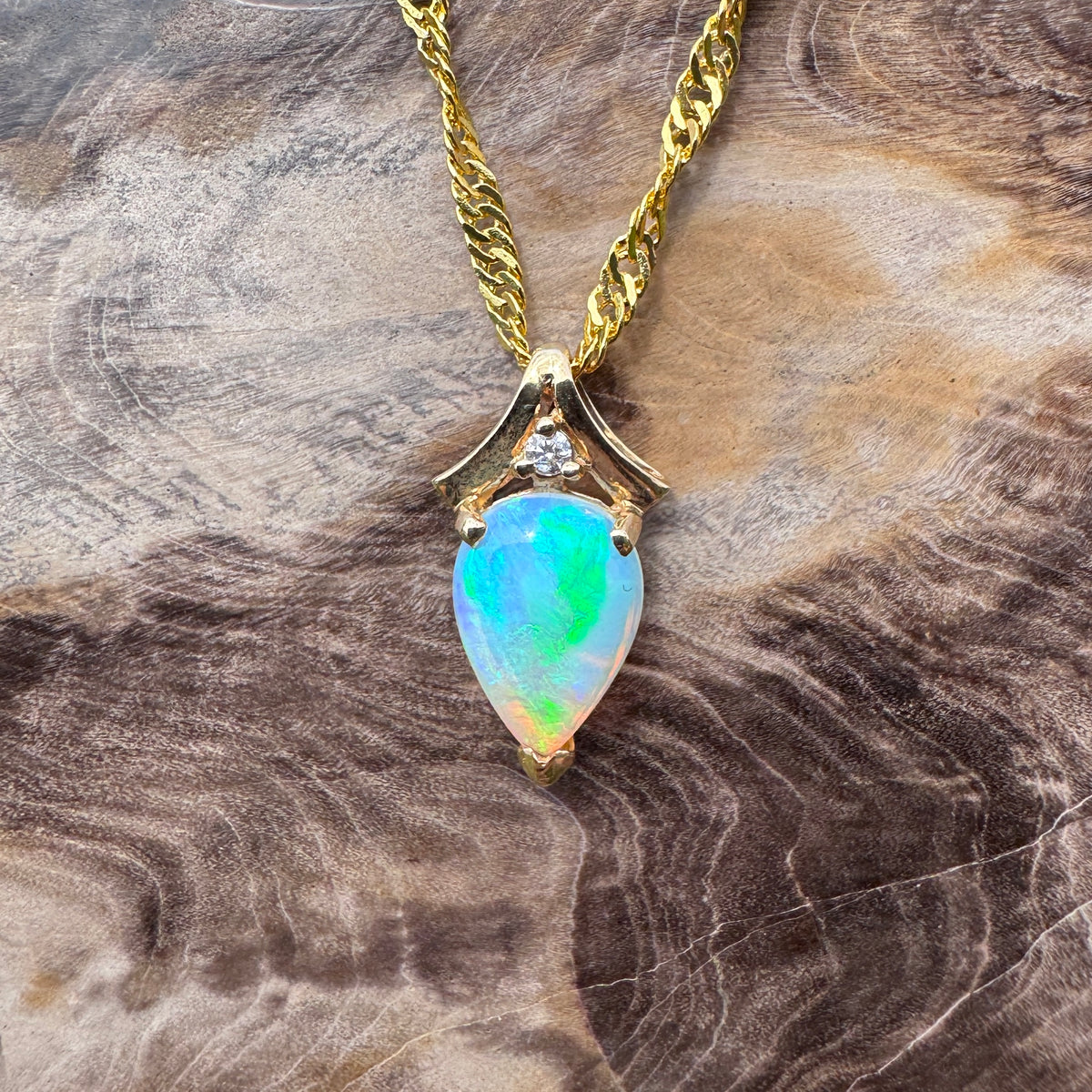 1ct Coober Pedy Crystal Opal & Diamond Pendant Necklace ~ 'Lake Argyle Blues' | 14ct Yellow Gold | Solid Australian Opal
