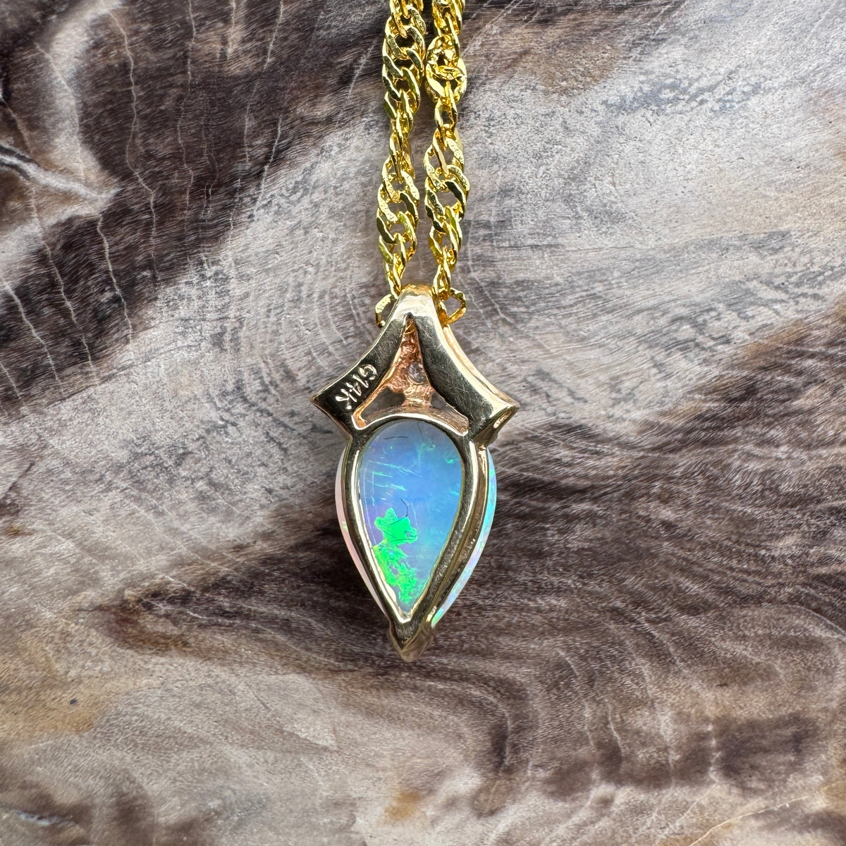 1ct Coober Pedy Crystal Opal & Diamond Pendant Necklace ~ 'Lake Argyle Blues' | 14ct Yellow Gold | Solid Australian Opal
