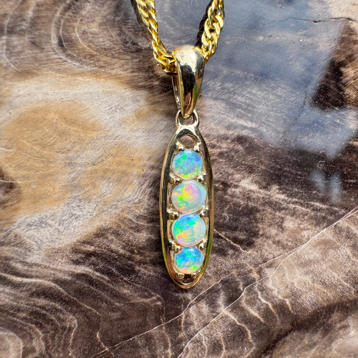 0.8ct Lightning Ridge Opal Bar Pendant Necklace ~ 'Kangaroo Valley Colour' | 14ct Yellow Gold | Solid Australian Opal