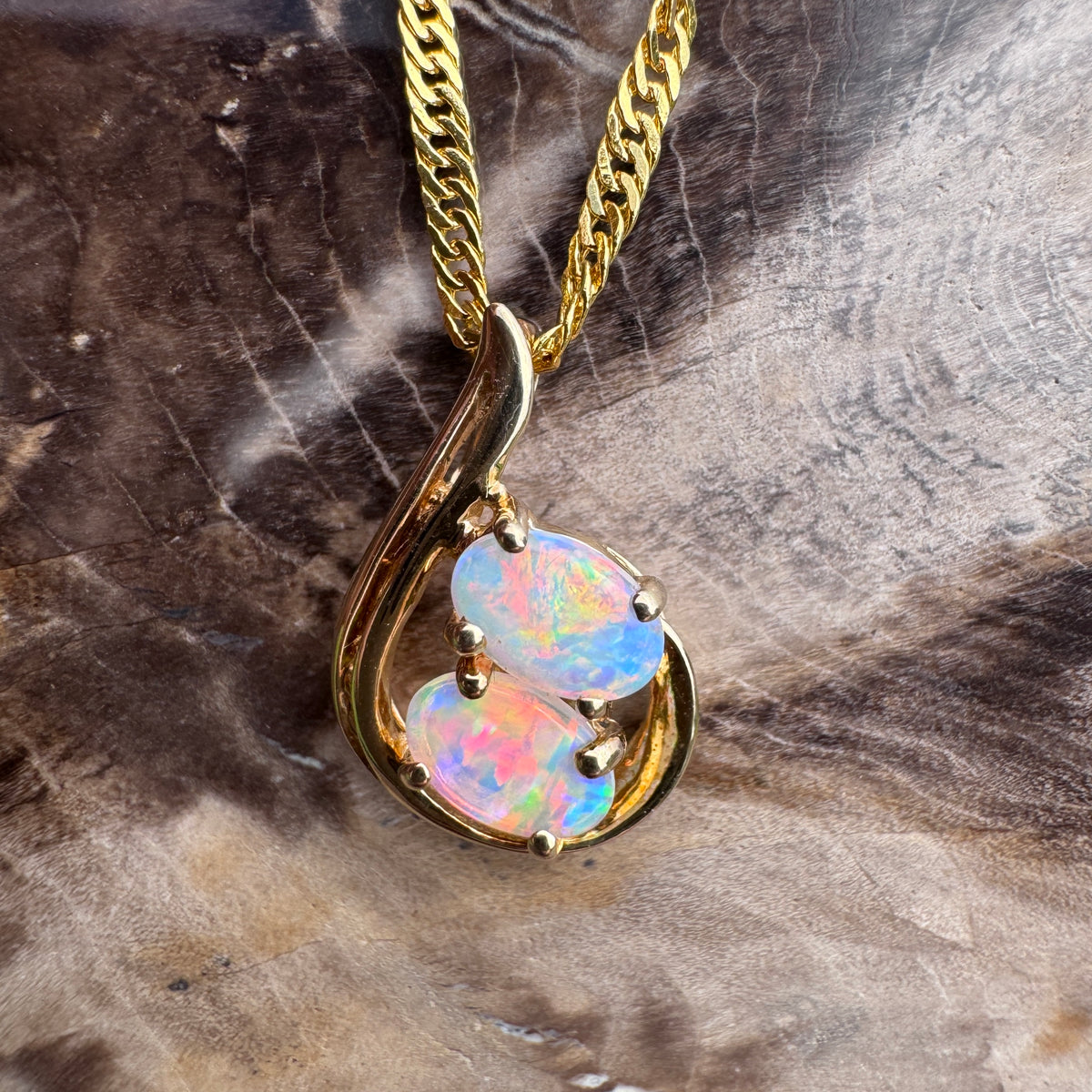 0.9ct Lightning Ridge Crystal Opal Swirl Pendant Necklace ~ 'Cradle Mountain Swirl' | 14ct Yellow Gold | Solid Australian Opal