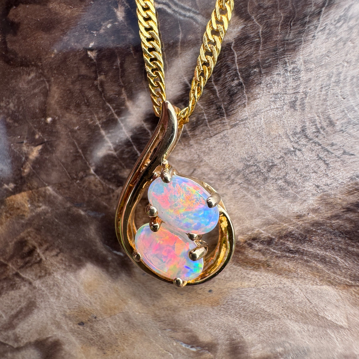 0.9ct Lightning Ridge Crystal Opal Swirl Pendant Necklace ~ 'Cradle Mountain Swirl' | 14ct Yellow Gold | Solid Australian Opal