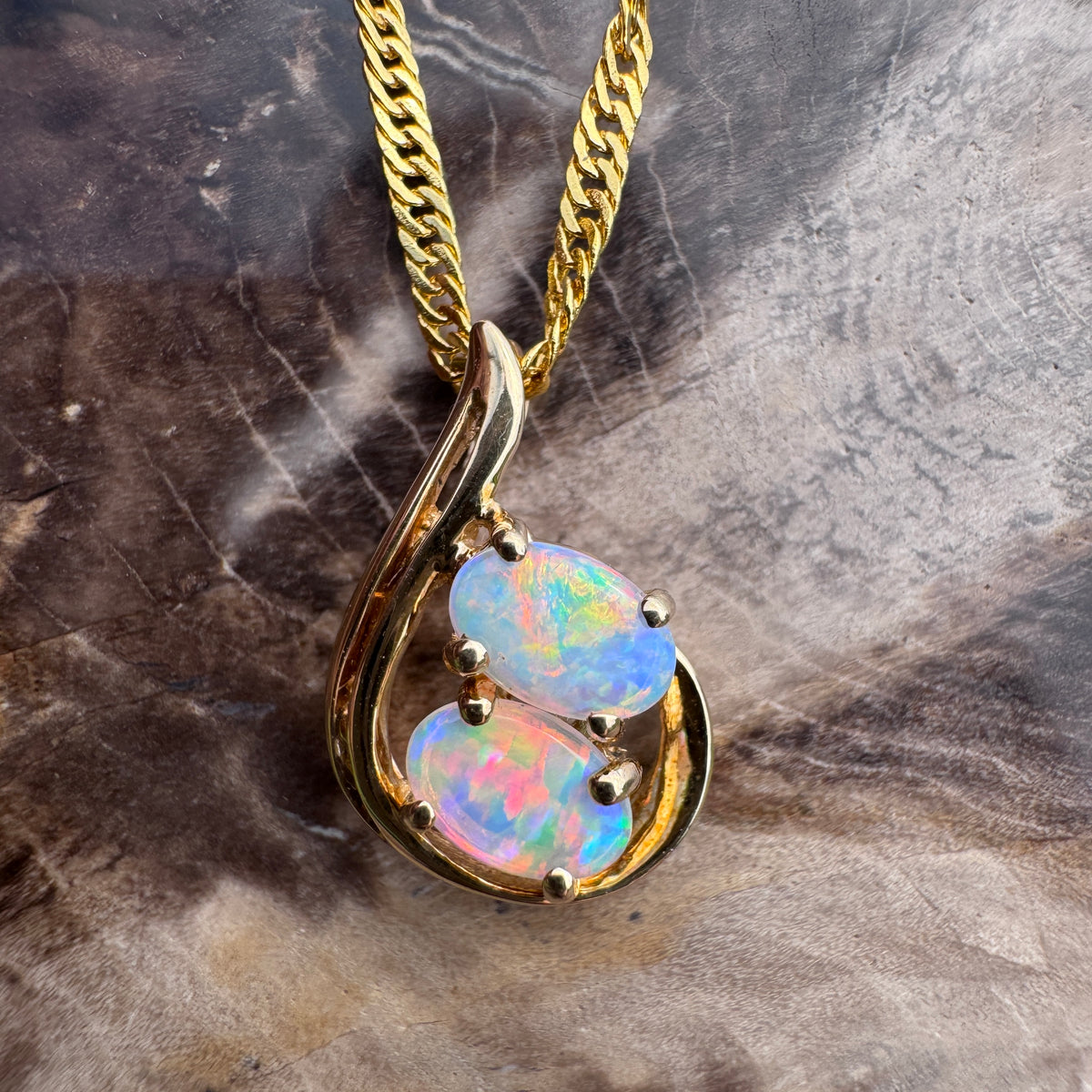 0.9ct Lightning Ridge Crystal Opal Swirl Pendant Necklace ~ 'Cradle Mountain Swirl' | 14ct Yellow Gold | Solid Australian Opal