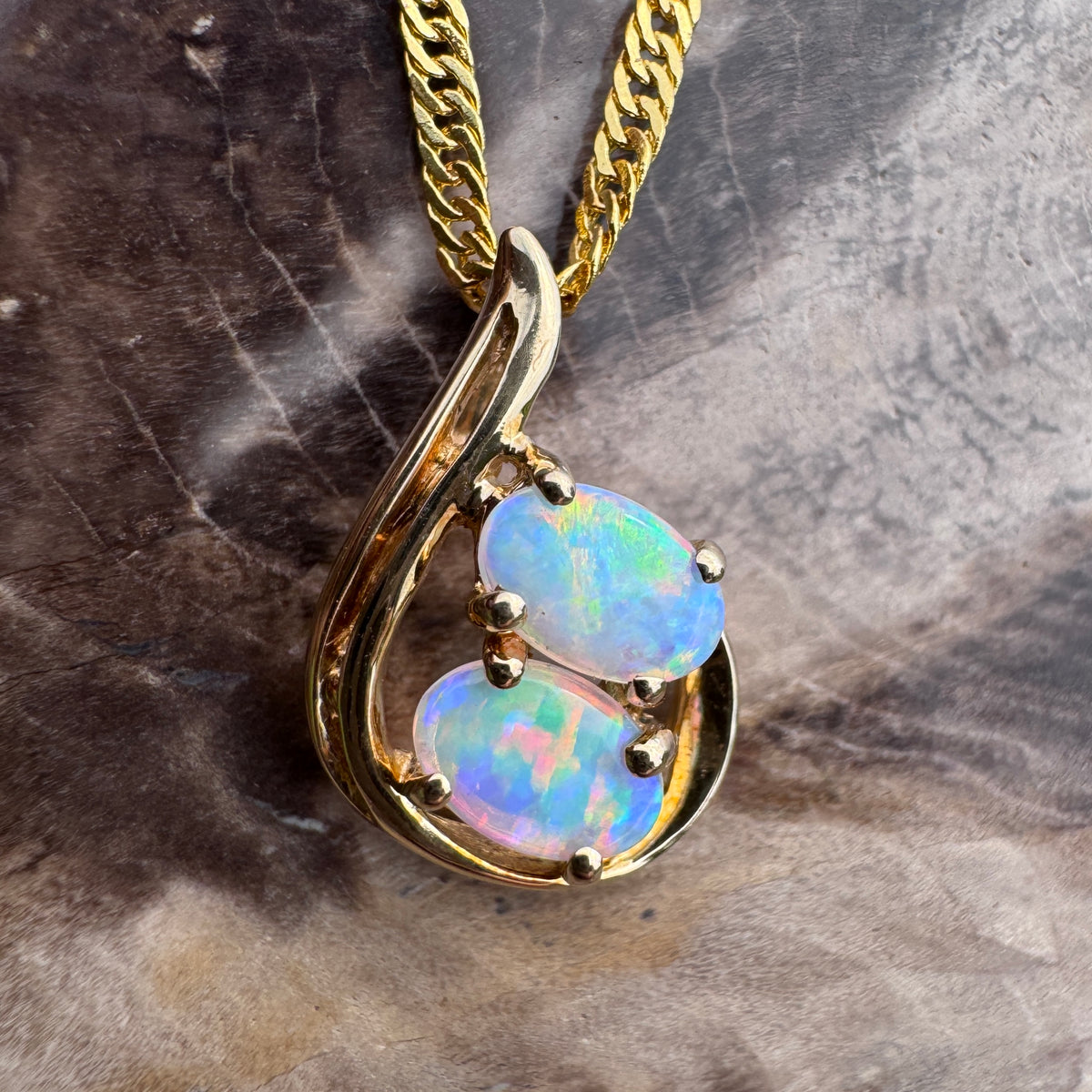 0.9ct Lightning Ridge Crystal Opal Swirl Pendant Necklace ~ 'Cradle Mountain Swirl' | 14ct Yellow Gold | Solid Australian Opal