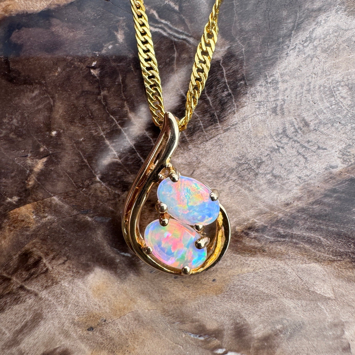 0.9ct Lightning Ridge Crystal Opal Swirl Pendant Necklace ~ 'Cradle Mountain Swirl' | 14ct Yellow Gold | Solid Australian Opal