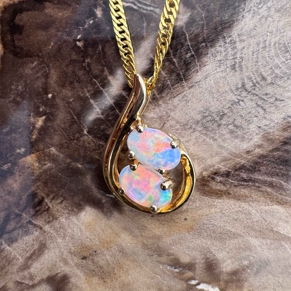 0.9ct Lightning Ridge Crystal Opal Swirl Pendant Necklace ~ 'Cradle Mountain Swirl' | 14ct Yellow Gold | Solid Australian Opal