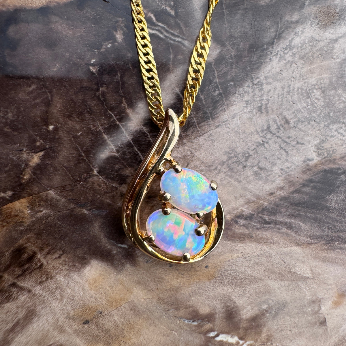0.9ct Lightning Ridge Crystal Opal Swirl Pendant Necklace ~ 'Cradle Mountain Swirl' | 14ct Yellow Gold | Solid Australian Opal