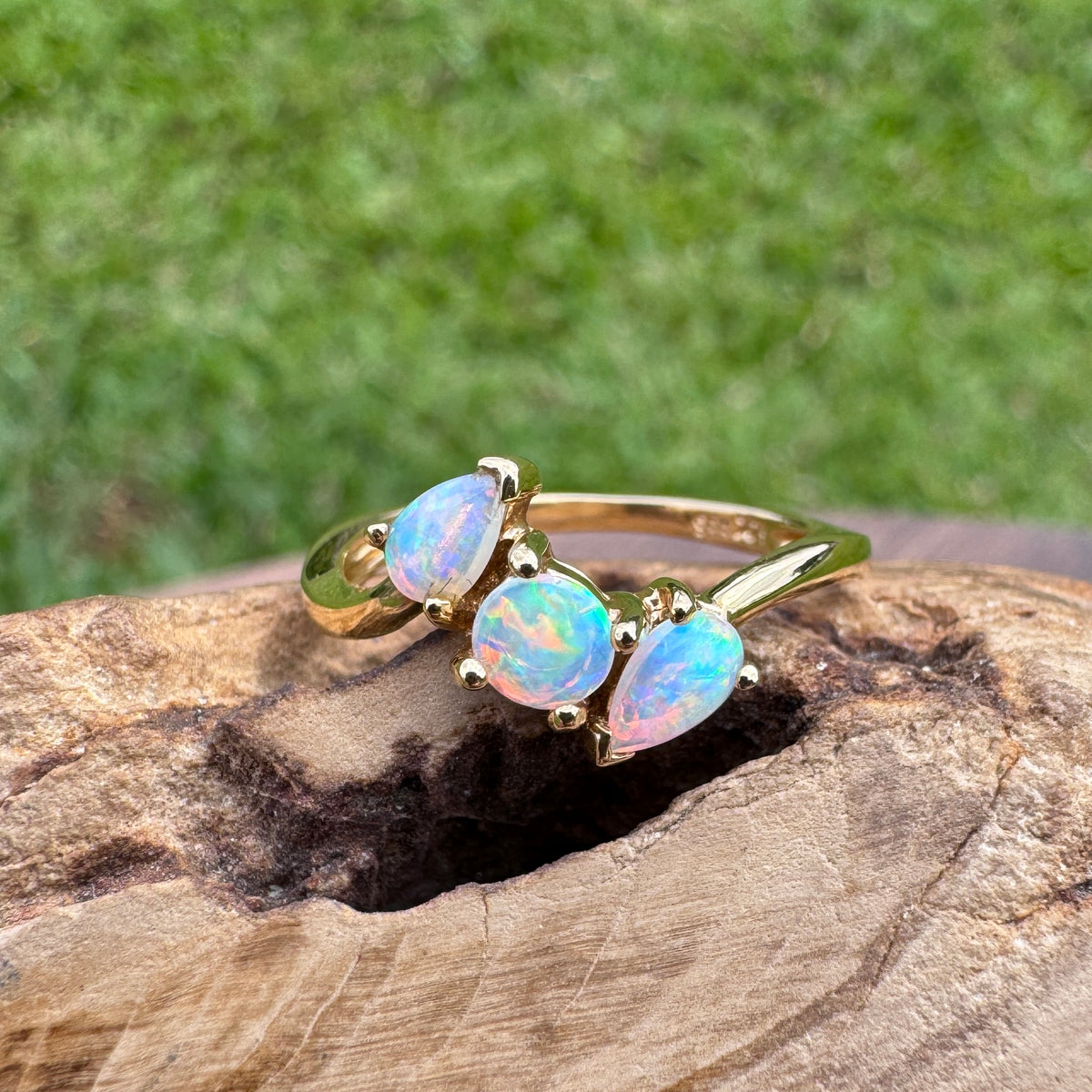 0.4ct Lightning Ridge Opal Ring ~ 'Tamar Valley Trio' | 14ct Yellow Gold | Solid Australian Opal