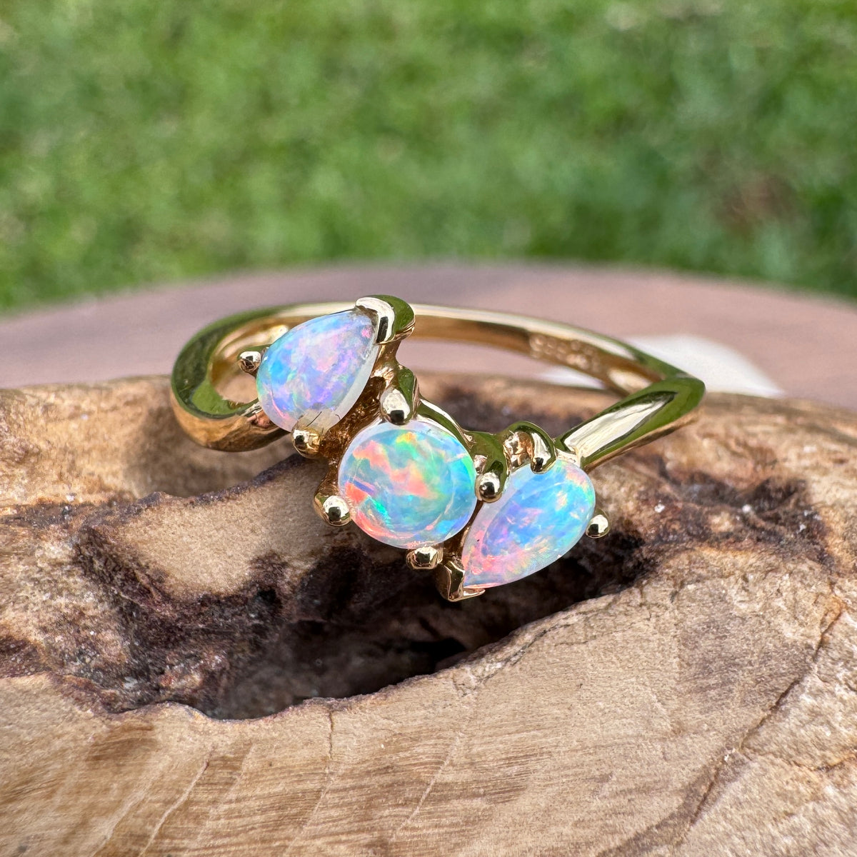 0.4ct Lightning Ridge Opal Ring ~ 'Tamar Valley Trio' | 14ct Yellow Gold | Solid Australian Opal
