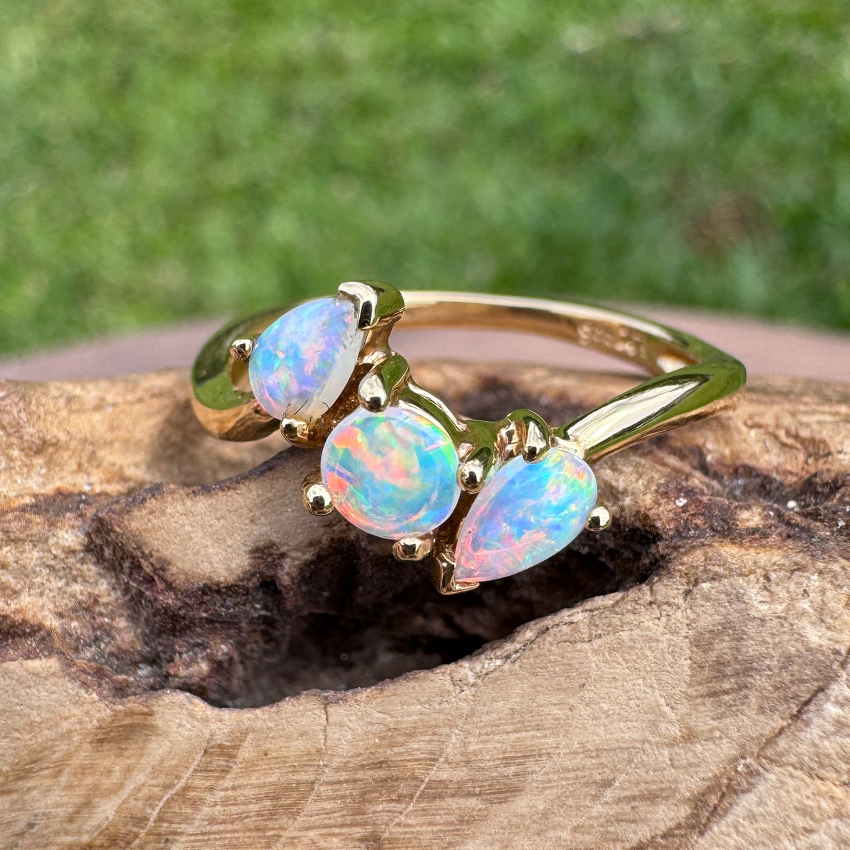 0.4ct Lightning Ridge Opal Ring ~ 'Tamar Valley Trio' | 14ct Yellow Gold | Solid Australian Opal
