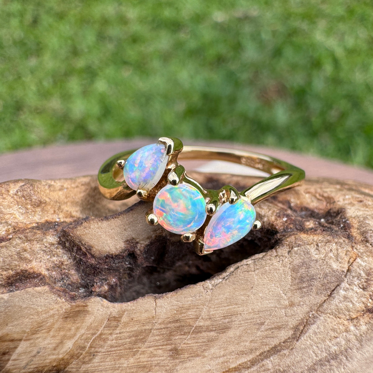 0.4ct Lightning Ridge Opal Ring ~ 'Tamar Valley Trio' | 14ct Yellow Gold | Solid Australian Opal