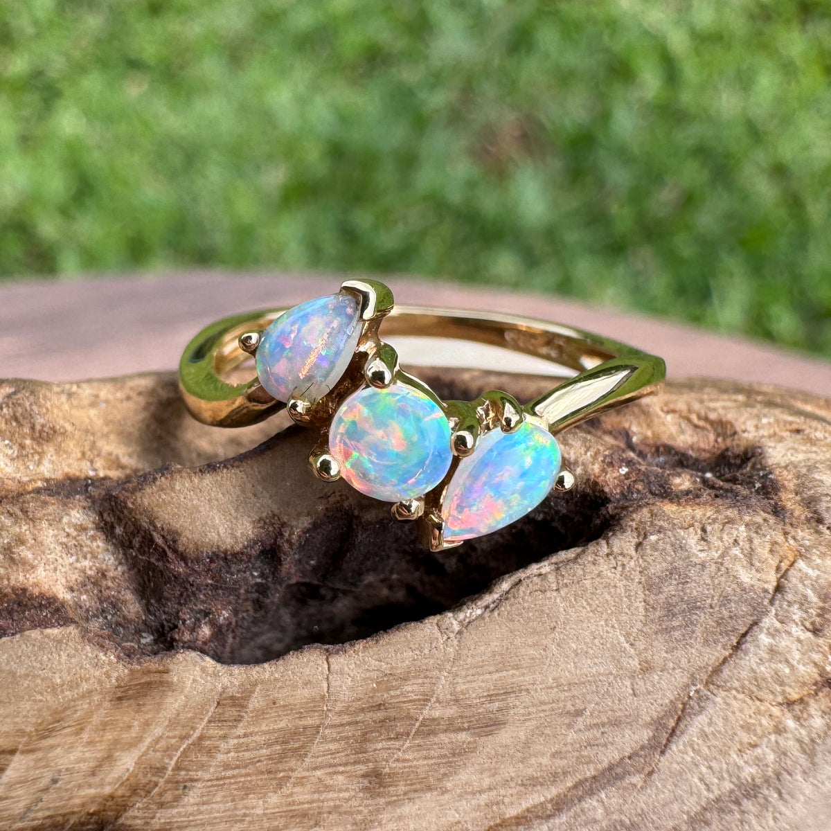 0.4ct Lightning Ridge Opal Ring ~ 'Tamar Valley Trio' | 14ct Yellow Gold | Solid Australian Opal