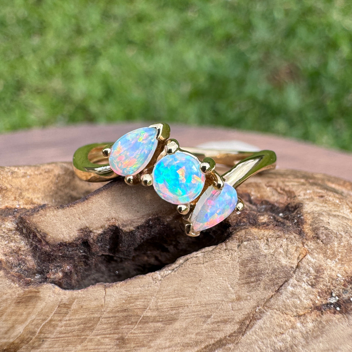 0.4ct Lightning Ridge Opal Ring ~ 'Tamar Valley Trio' | 14ct Yellow Gold | Solid Australian Opal