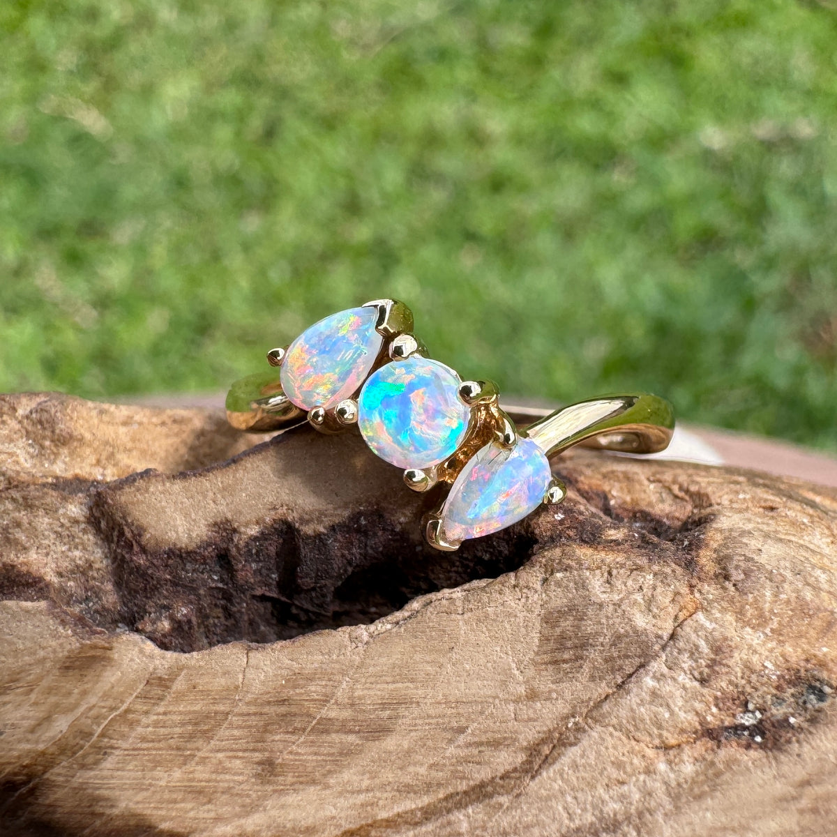 0.4ct Lightning Ridge Opal Ring ~ 'Tamar Valley Trio' | 14ct Yellow Gold | Solid Australian Opal