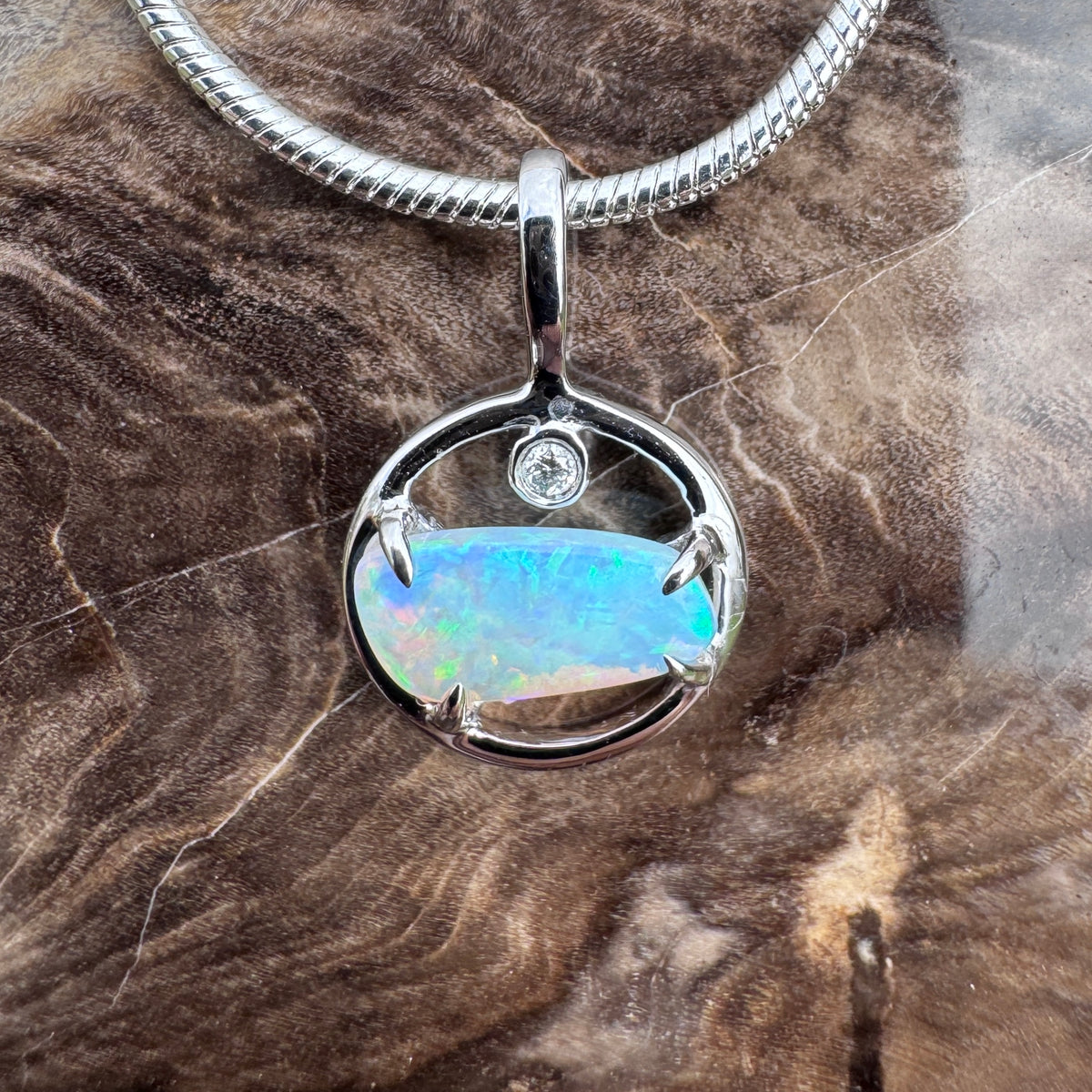 0.5ct Lightning Ridge Crystal Opal & Diamond Pendant Necklace ~ 'Jervis Bay Shimmer' | 14ct White Gold | Solid Australian Opal