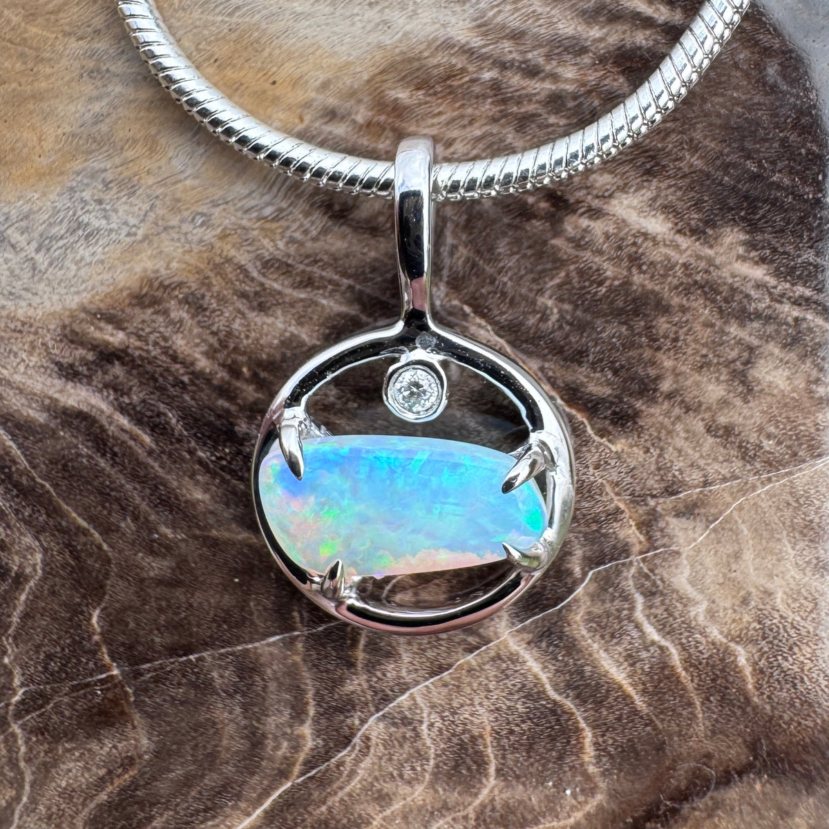 0.5ct Lightning Ridge Crystal Opal & Diamond Pendant Necklace ~ 'Jervis Bay Shimmer' | 14ct White Gold | Solid Australian Opal