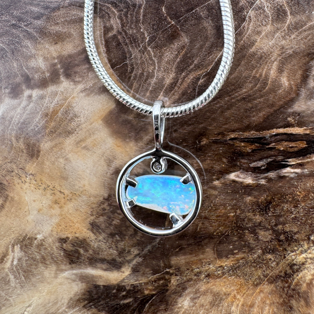 0.5ct Lightning Ridge Crystal Opal & Diamond Pendant Necklace ~ 'Jervis Bay Shimmer' | 14ct White Gold | Solid Australian Opal