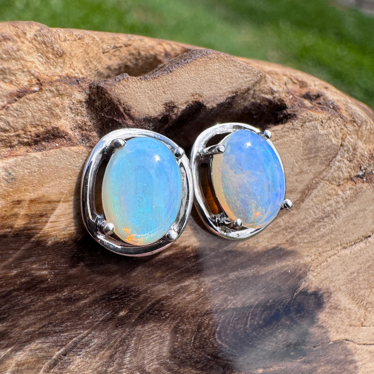 0.7ct Coober Pedy Crystal Opal Stud Earrings ~ 'Jenolan Blues' | 925 Sterling Silver | Solid Australian Opal