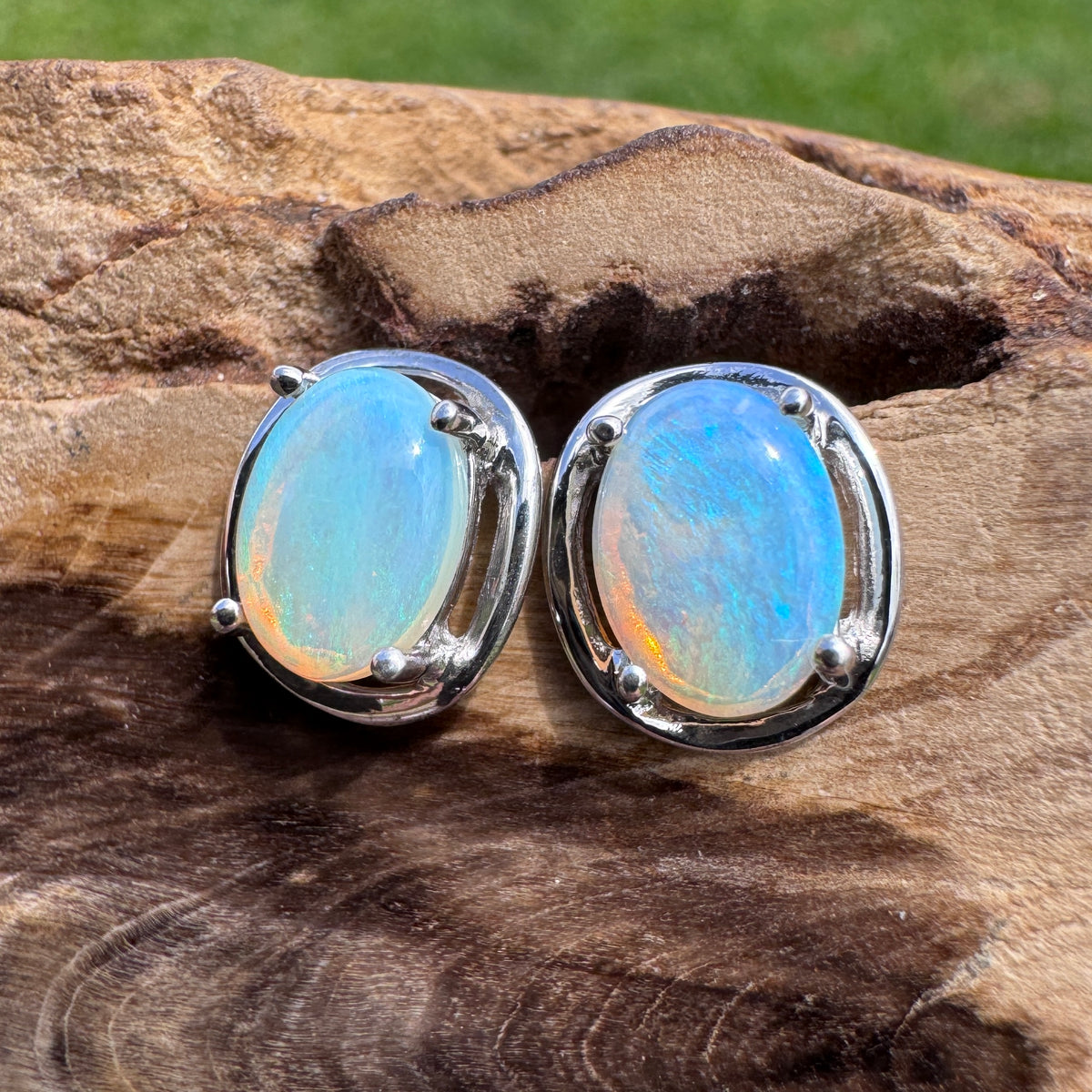 0.7ct Coober Pedy Crystal Opal Stud Earrings ~ 'Jenolan Blues' | 925 Sterling Silver | Solid Australian Opal