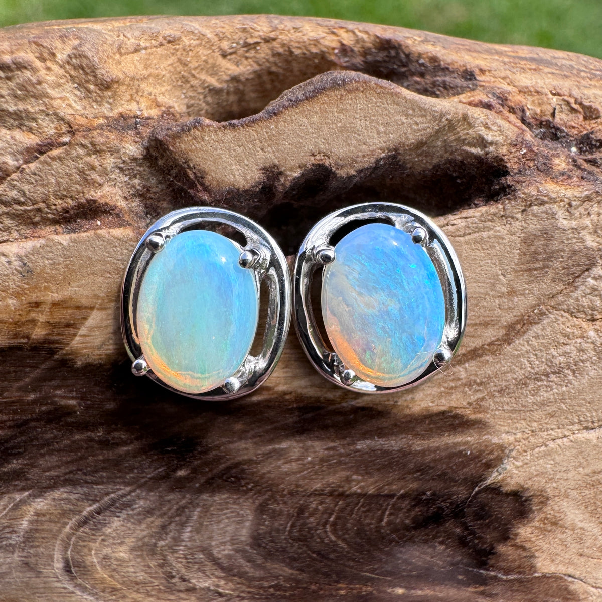 0.7ct Coober Pedy Crystal Opal Stud Earrings ~ 'Jenolan Blues' | 925 Sterling Silver | Solid Australian Opal