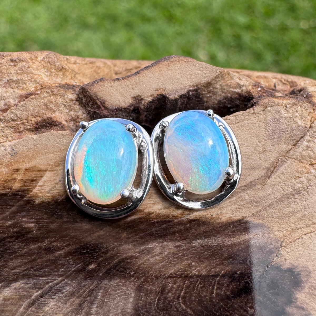 0.7ct Coober Pedy Crystal Opal Stud Earrings ~ 'Jenolan Blues' | 925 Sterling Silver | Solid Australian Opal