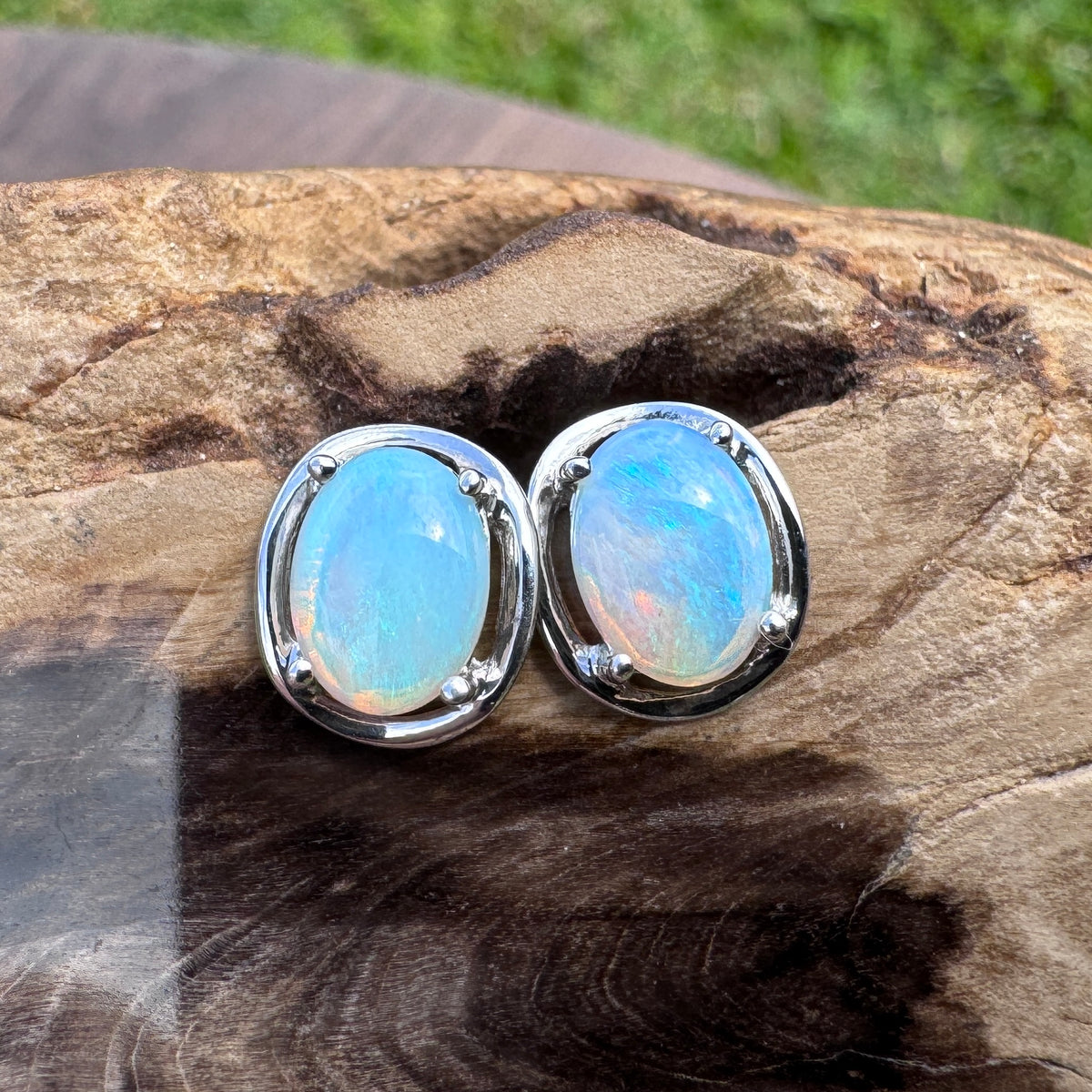 0.7ct Coober Pedy Crystal Opal Stud Earrings ~ 'Jenolan Blues' | 925 Sterling Silver | Solid Australian Opal