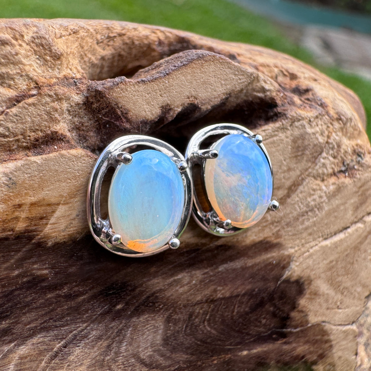 0.7ct Coober Pedy Crystal Opal Stud Earrings ~ 'Jenolan Blues' | 925 Sterling Silver | Solid Australian Opal